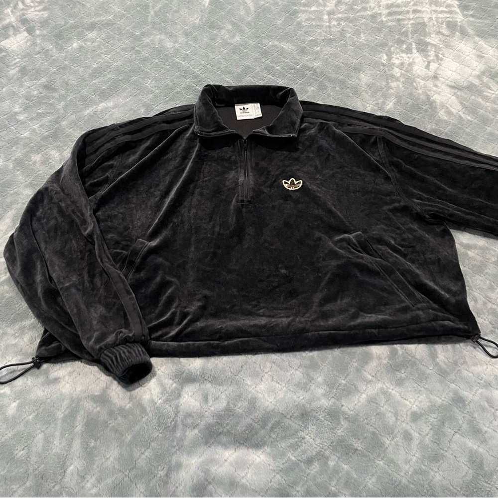 Adidas Originals Womens Velour Quarter Zip Track Jacket Black Gold Trefoil XS